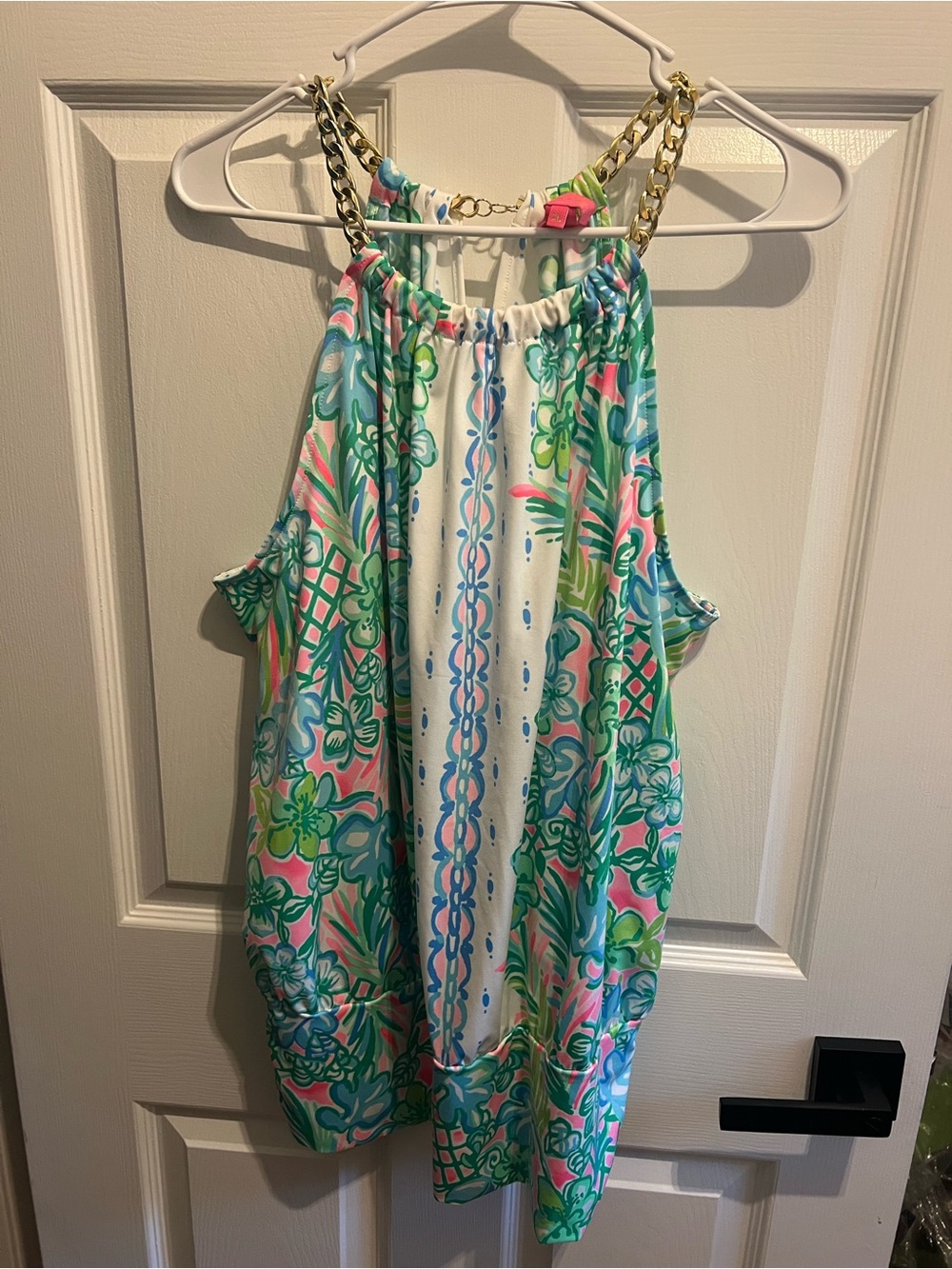 Lilly Pulitzer Pink, Green & Blue Floral Halter Top with Gold Chain